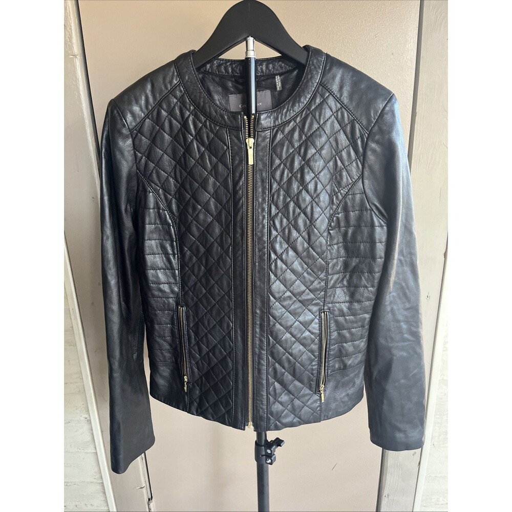 COLE HAAN Women's Genuine Leather Moto Quilted Jacket Full Zip Black Size Medium